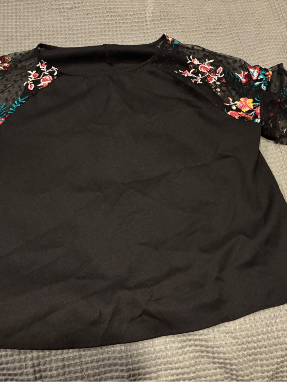 SHEIN Black Top with Multicolor Floral Embroidery